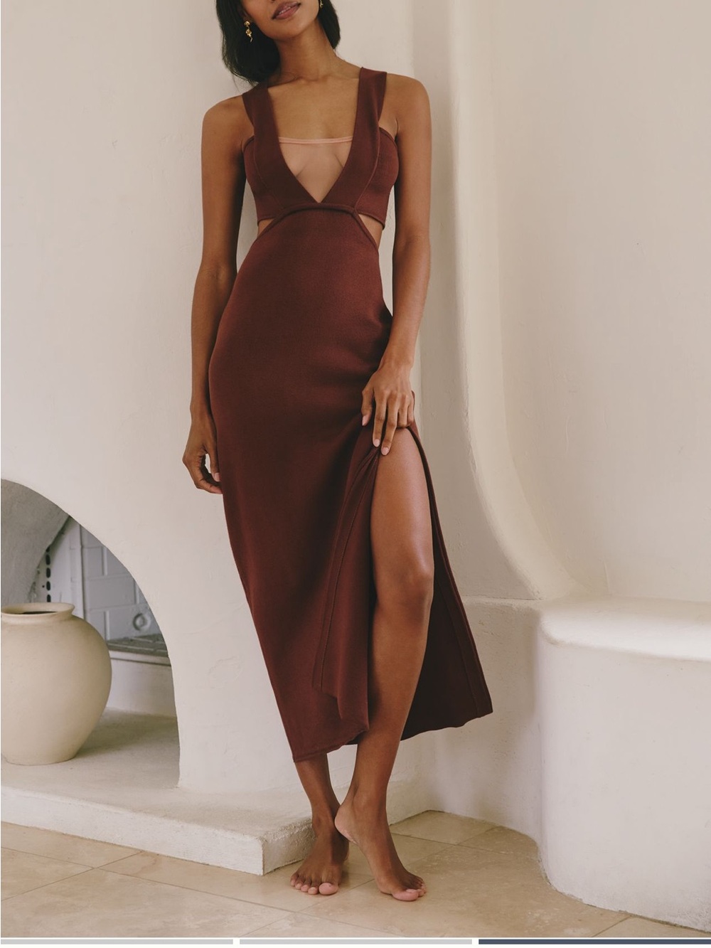 Plunging V-Neck Chocolate Brown Maxi Dress with High Side Slit